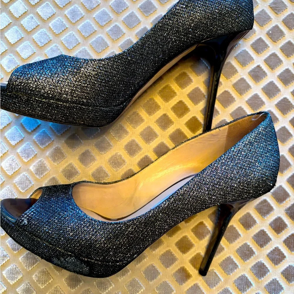 Jimmy Choo Stiletto Luna Pump Silver Glitter Size 37.5 Hollywood Glam